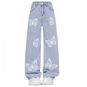 Girls Butterfly Print Wide Leg Denim Jeans
